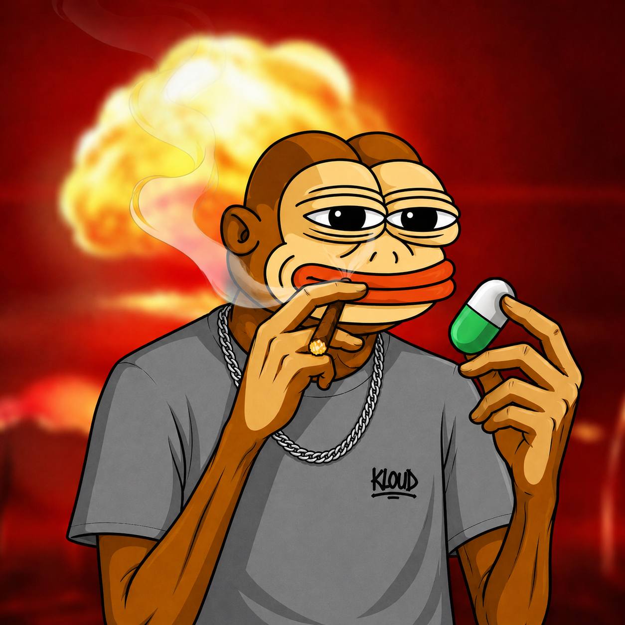 Ape character holding a capsule while smoke rises behind him