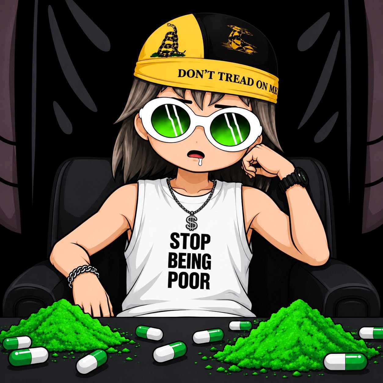 Pump addict seated behind bright green powder and scattered capsules