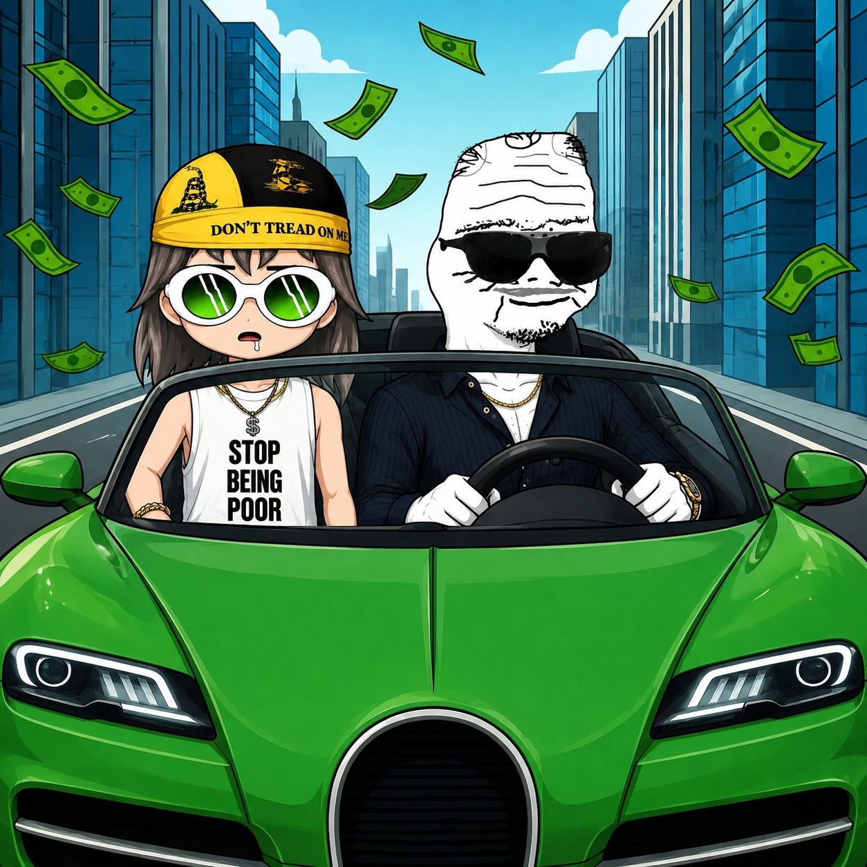 Two pump addicts riding through the city in a green supercar