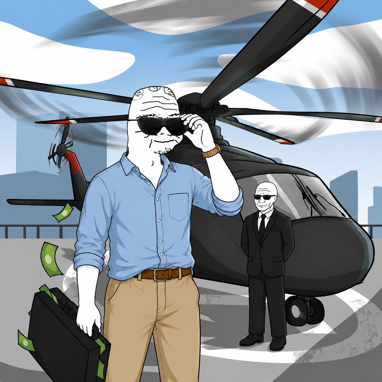 Pump operator arriving beside a helicopter with a briefcase