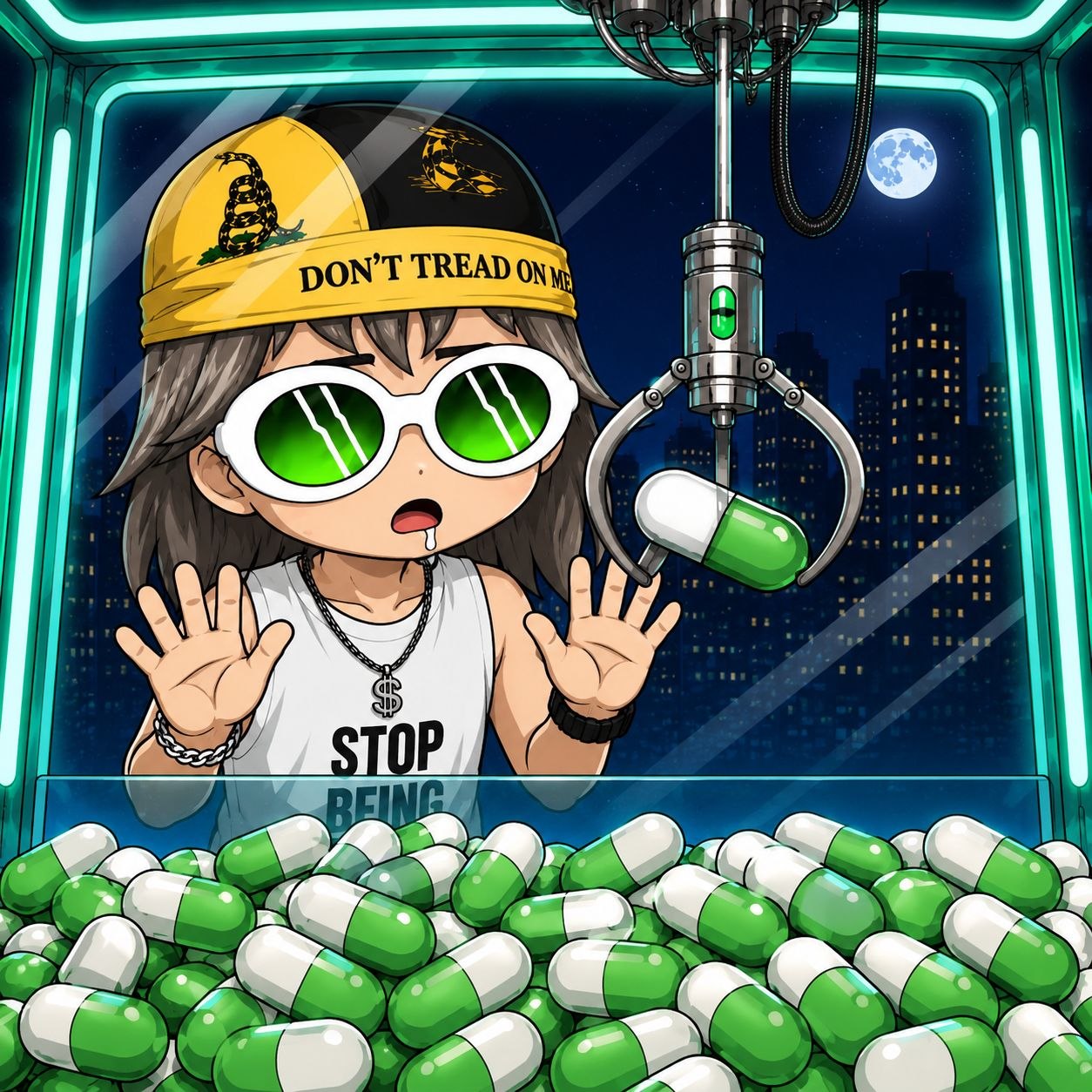 Pump addict watching a claw machine pick up a giant green and white capsule