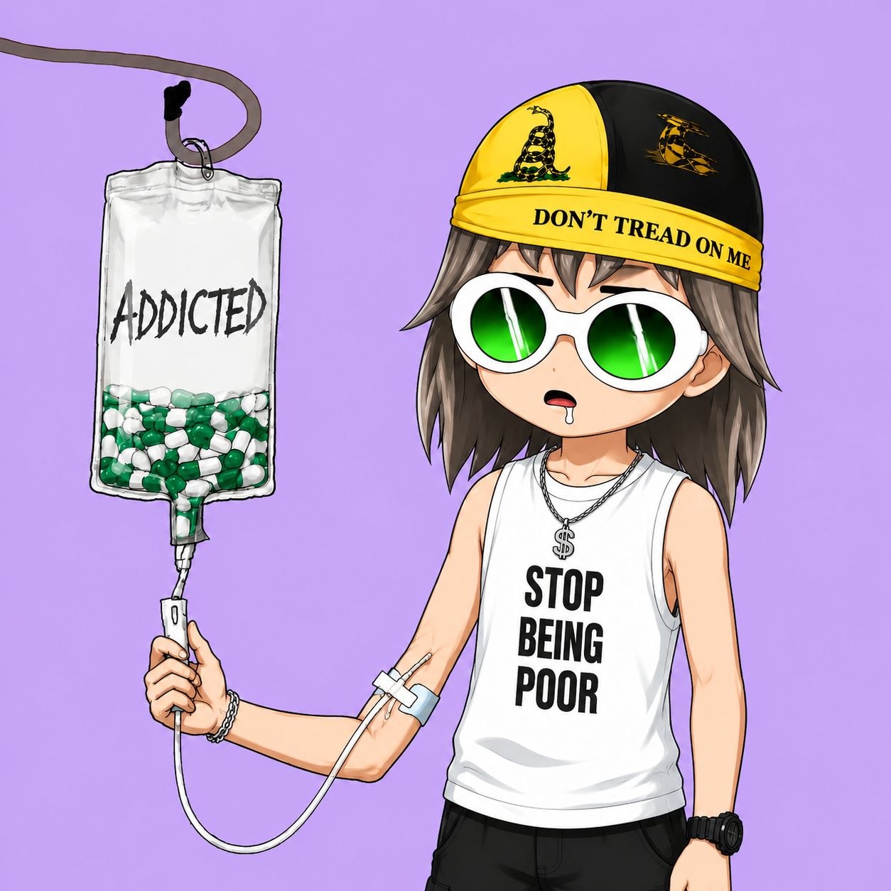 Pump addict connected to an IV bag filled with green and white capsules