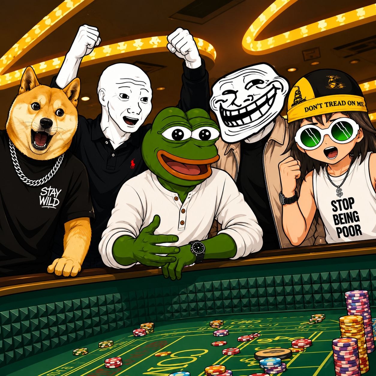 The Addicted crew celebrating together around a casino table