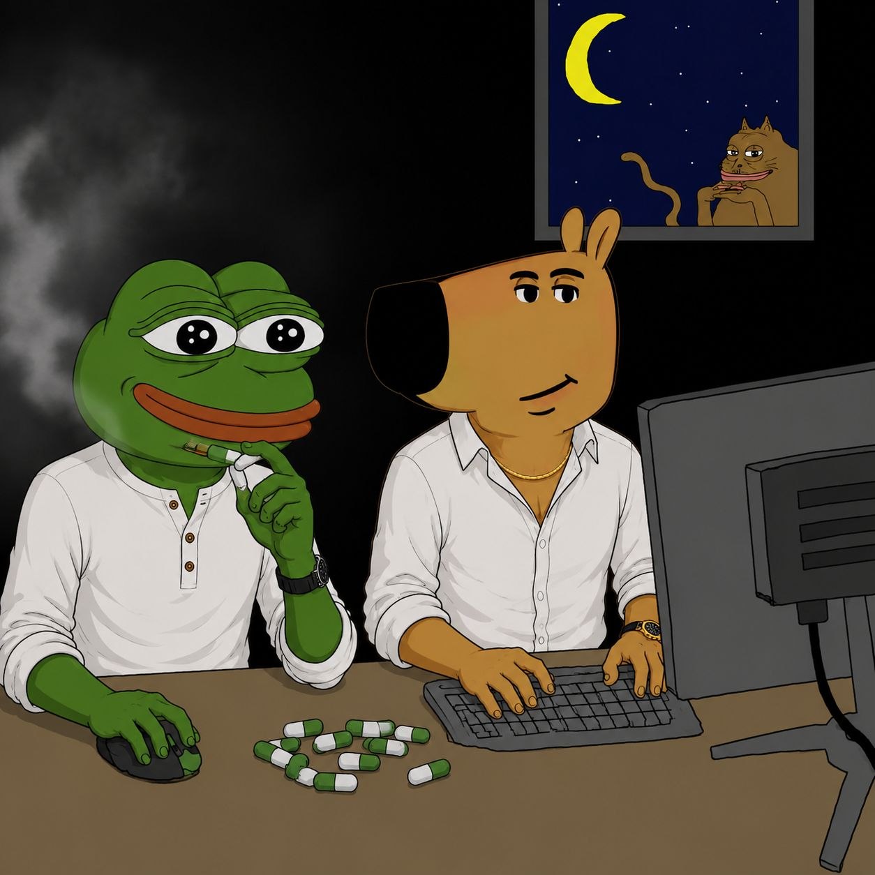 Pepe and capybara characters working at a computer with capsules nearby
