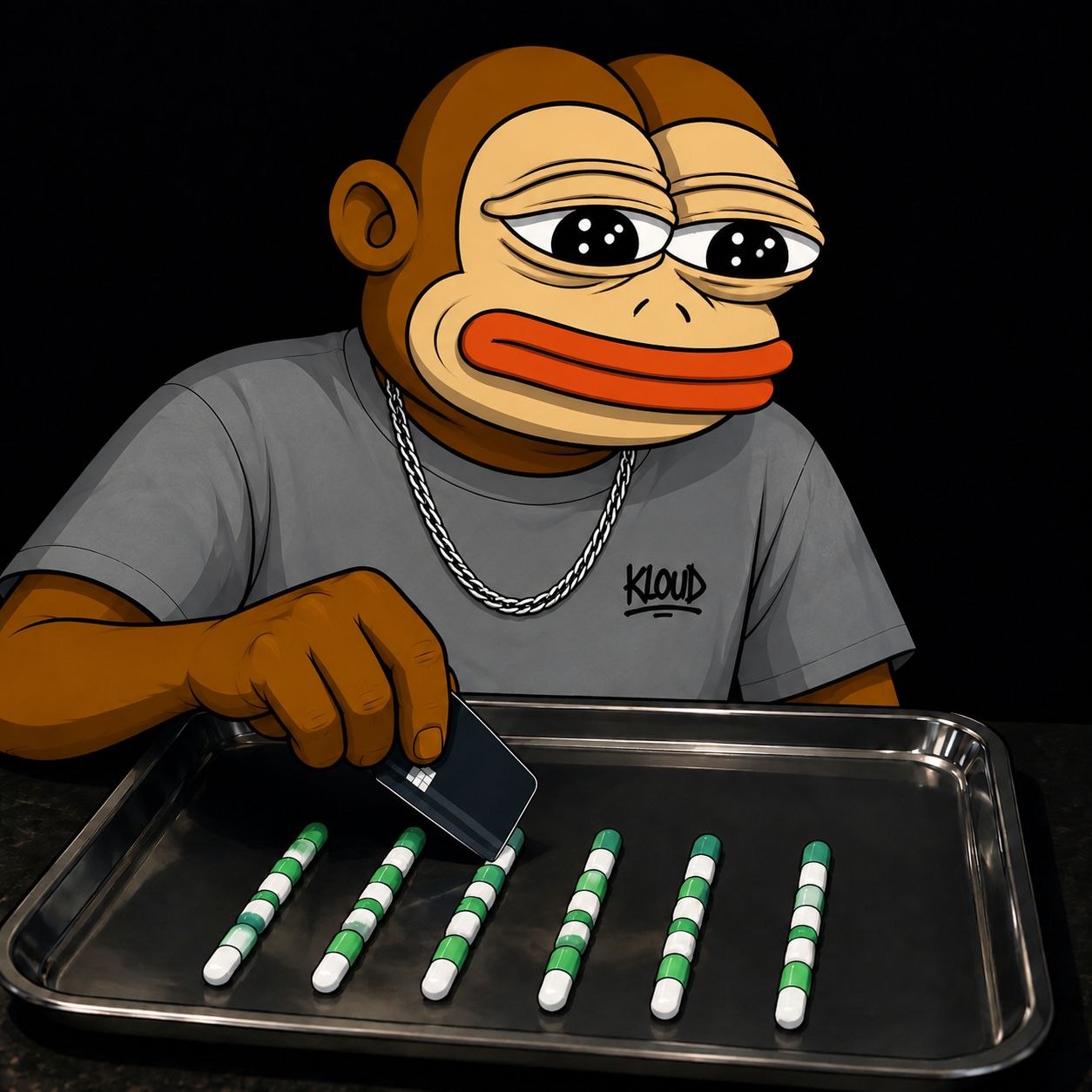 Ape character arranging rows of green and white capsules