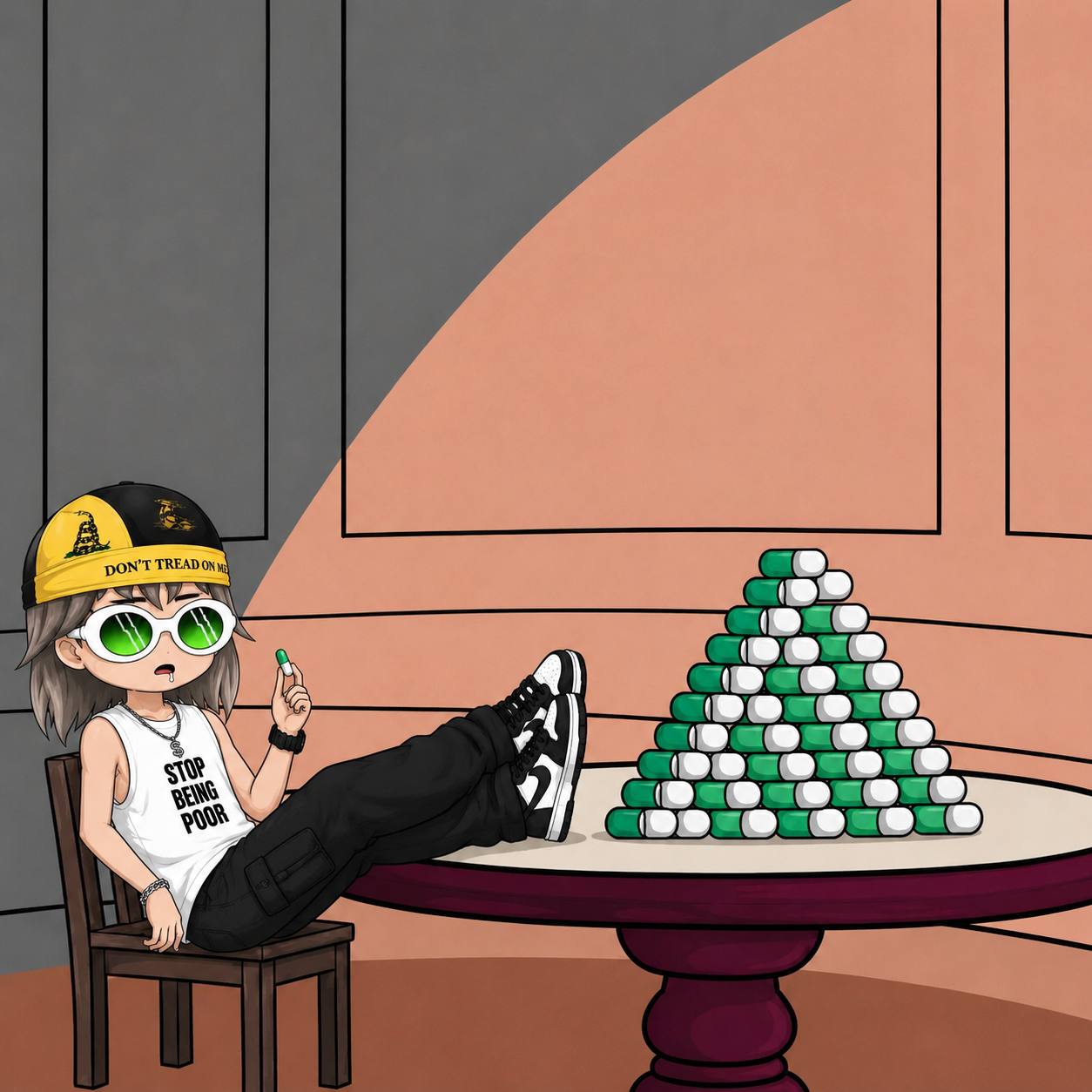 Pump addict beside a pyramid made from green and white capsules