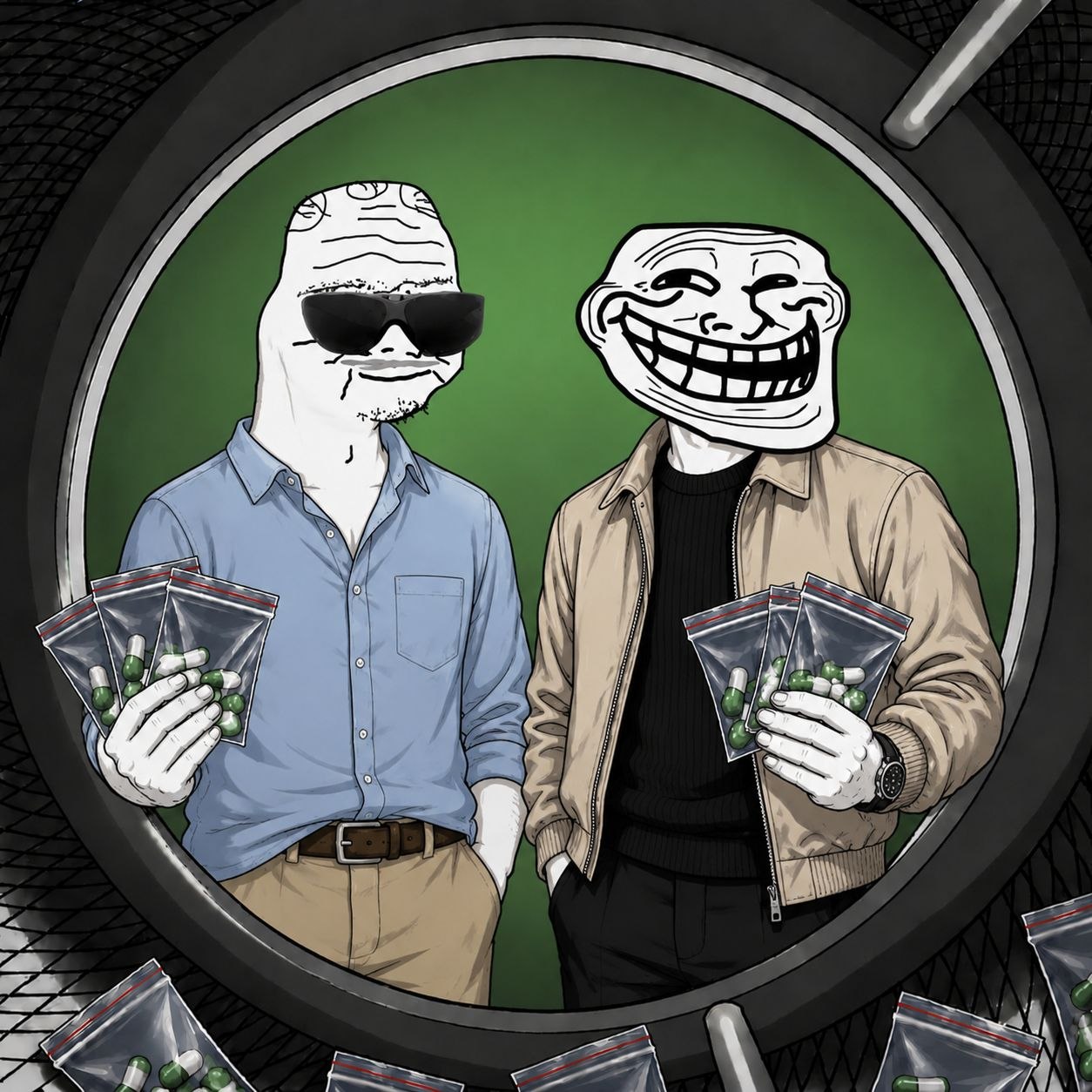 Two pump operators holding capsule packets inside a washing machine
