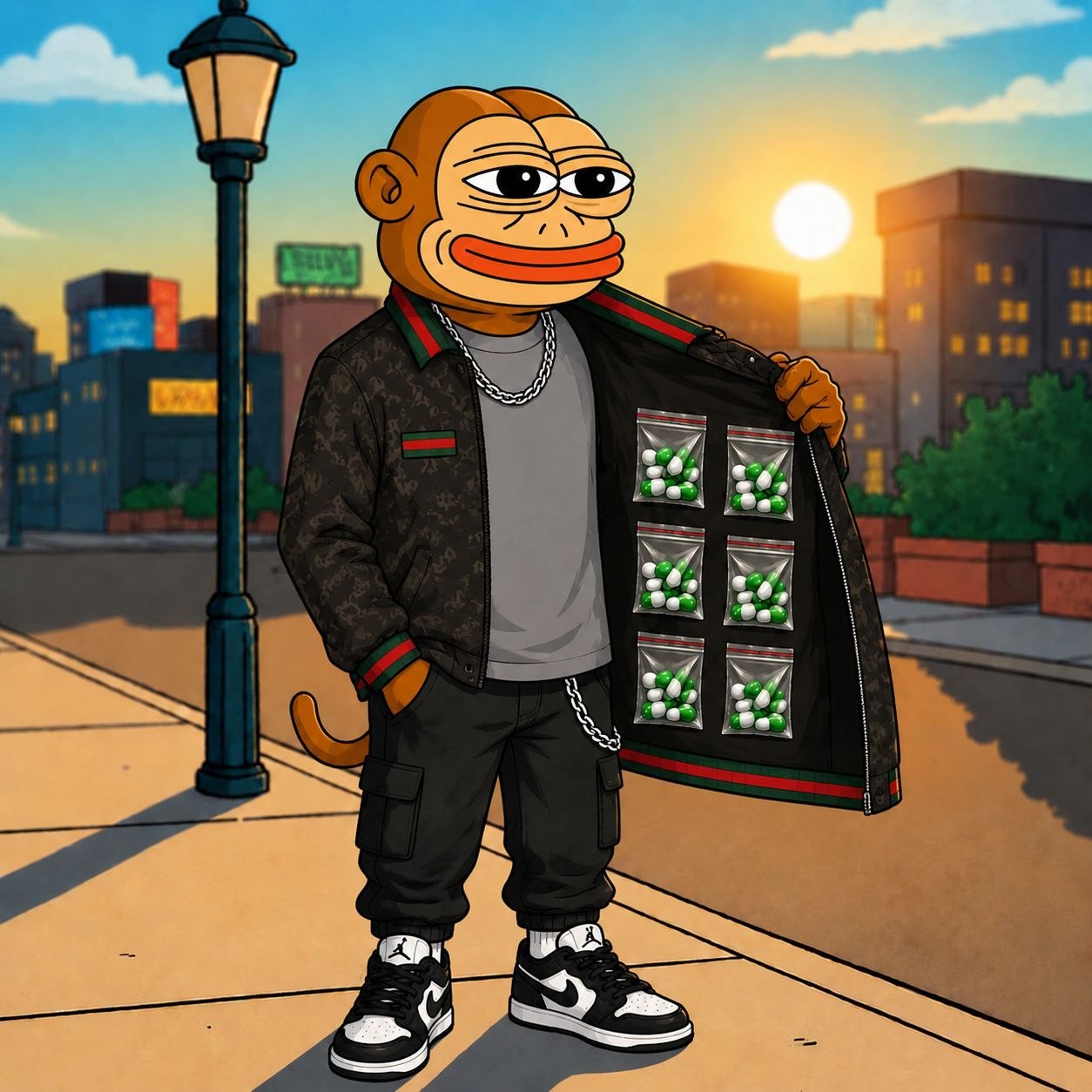 Ape character displaying packets of capsules inside his jacket