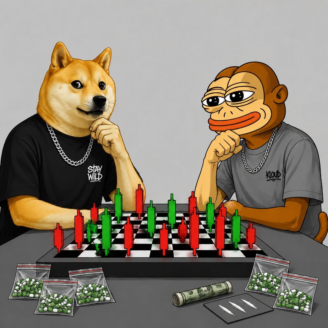 Doge and ape characters playing chess with market candlesticks